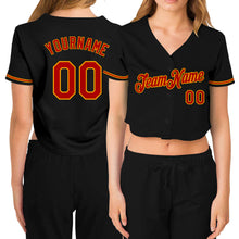 Загрузить изображение в средство просмотра галереи, Custom Women&#39;s Black Red-Gold V-Neck Cropped Baseball Jersey
