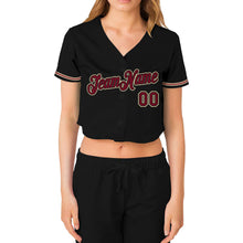 Загрузить изображение в средство просмотра галереи, Custom Women&#39;s Black Crimson-City Cream V-Neck Cropped Baseball Jersey
