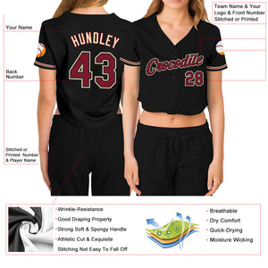 Custom Women's Black Crimson-City Cream V-Neck Cropped Baseball Jersey