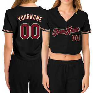 Custom Women's Black Crimson-City Cream V-Neck Cropped Baseball Jersey