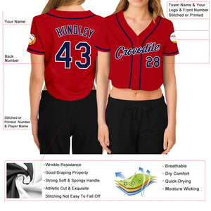 Custom Women's Red Navy-White V-Neck Cropped Baseball Jersey