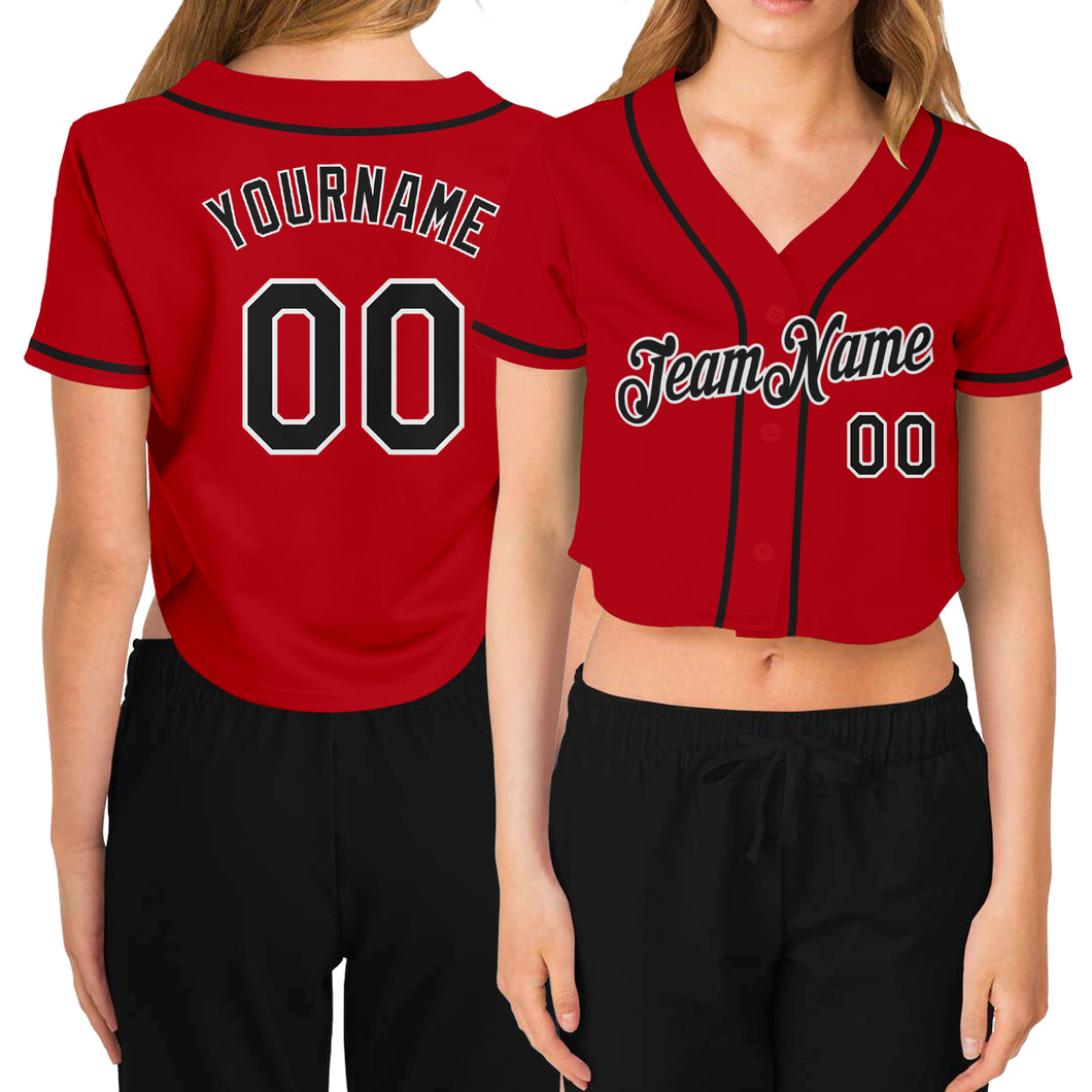 Custom Women's Red Black-White V-Neck Cropped Baseball Jersey