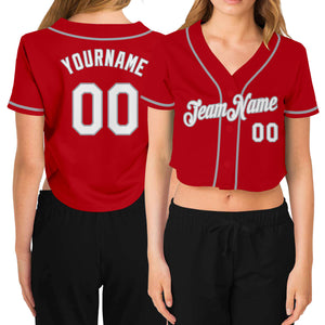 Custom Women's Red White-Gray V-Neck Cropped Baseball Jersey