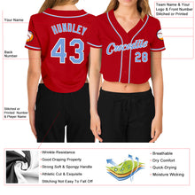 Загрузить изображение в средство просмотра галереи, Custom Women&#39;s Red Light Blue-White V-Neck Cropped Baseball Jersey
