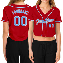 Загрузить изображение в средство просмотра галереи, Custom Women&#39;s Red Light Blue-White V-Neck Cropped Baseball Jersey
