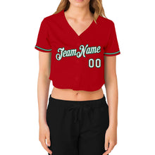 Load image into Gallery viewer, Custom Women&#39;s Red White-Kelly Green V-Neck Cropped Baseball Jersey
