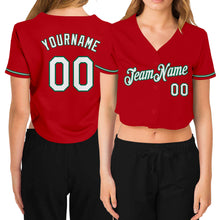 Load image into Gallery viewer, Custom Women&#39;s Red White-Kelly Green V-Neck Cropped Baseball Jersey
