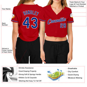 Custom Women's Red Royal-White V-Neck Cropped Baseball Jersey