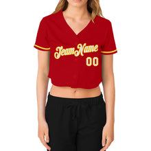 Загрузить изображение в средство просмотра галереи, Custom Women&#39;s Red White-Gold V-Neck Cropped Baseball Jersey
