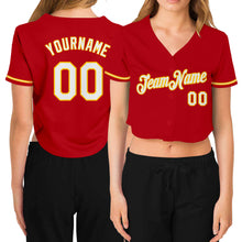 Загрузить изображение в средство просмотра галереи, Custom Women&#39;s Red White-Gold V-Neck Cropped Baseball Jersey
