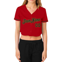 Загрузить изображение в средство просмотра галереи, Custom Women&#39;s Red Black-Old Gold V-Neck Cropped Baseball Jersey
