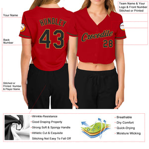 Custom Women's Red Black-Old Gold V-Neck Cropped Baseball Jersey