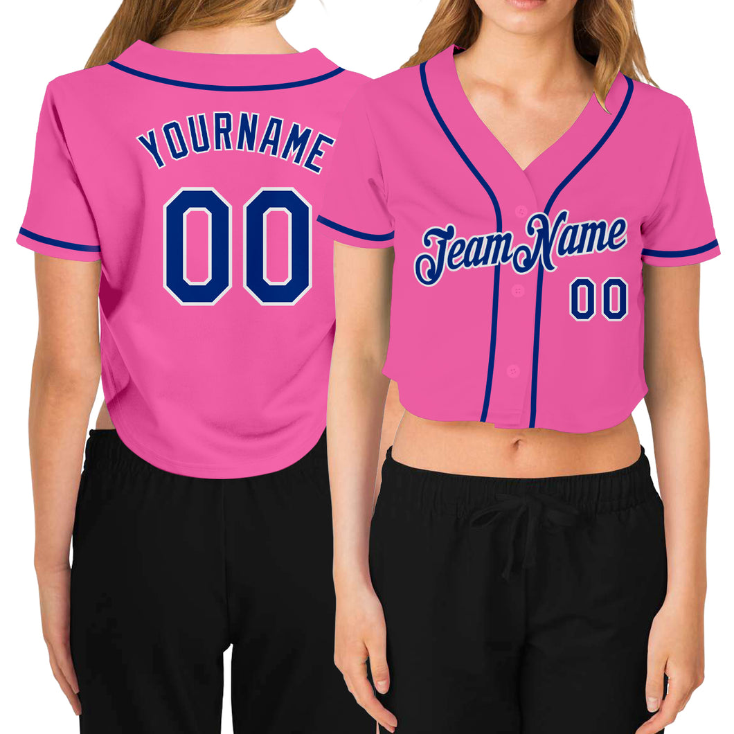 Custom Women's Pink Royal-White V-Neck Cropped Baseball Jersey