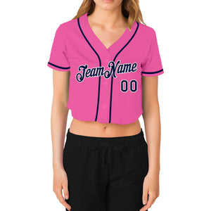 Custom Women's Pink Navy-White V-Neck Cropped Baseball Jersey