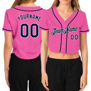 Custom Women's Pink Navy-White V-Neck Cropped Baseball Jersey