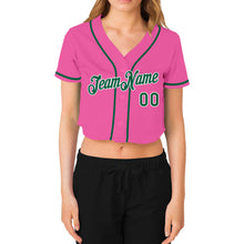 Загрузить изображение в средство просмотра галереи, Custom Women&#39;s Pink Kelly Green-White V-Neck Cropped Baseball Jersey
