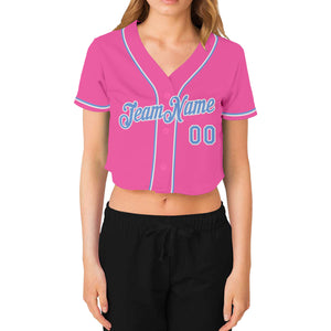 Custom Women's Pink Light Blue-White V-Neck Cropped Baseball Jersey