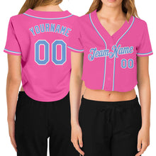 Загрузить изображение в средство просмотра галереи, Custom Women&#39;s Pink Light Blue-White V-Neck Cropped Baseball Jersey
