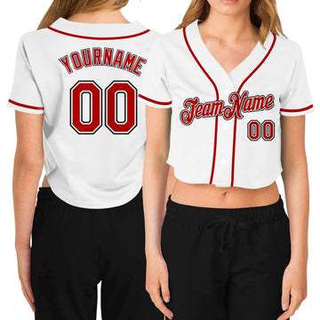 Custom Women's White Red-Black V-Neck Cropped Baseball Jersey