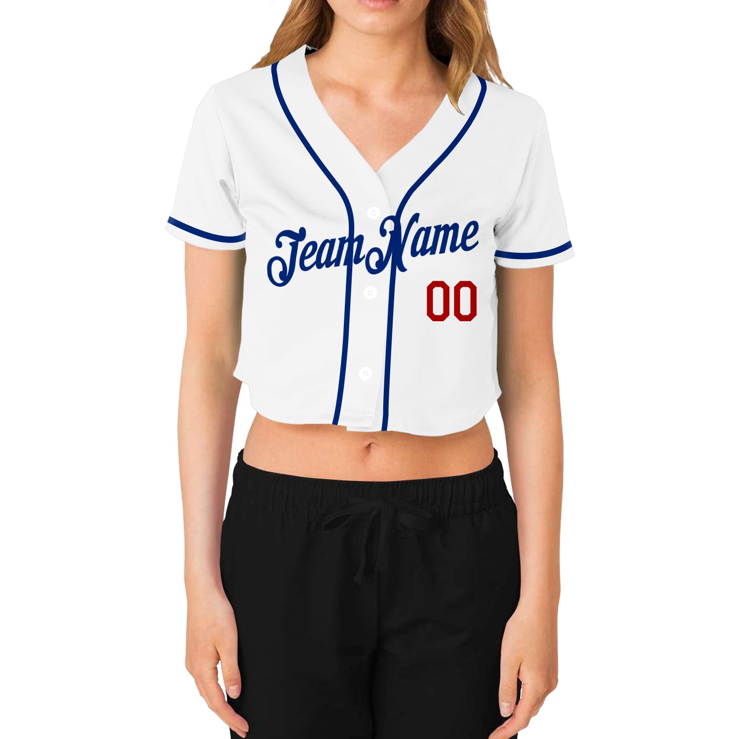 Buy the Womens Red White Short Sleeve V-Neck Button Front Baseball