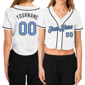 Custom Women's White Light Blue-Steel Gray V-Neck Cropped Baseball Jersey