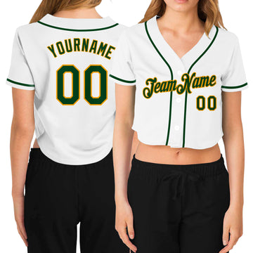 Custom Women's White Green-Gold V-Neck Cropped Baseball Jersey