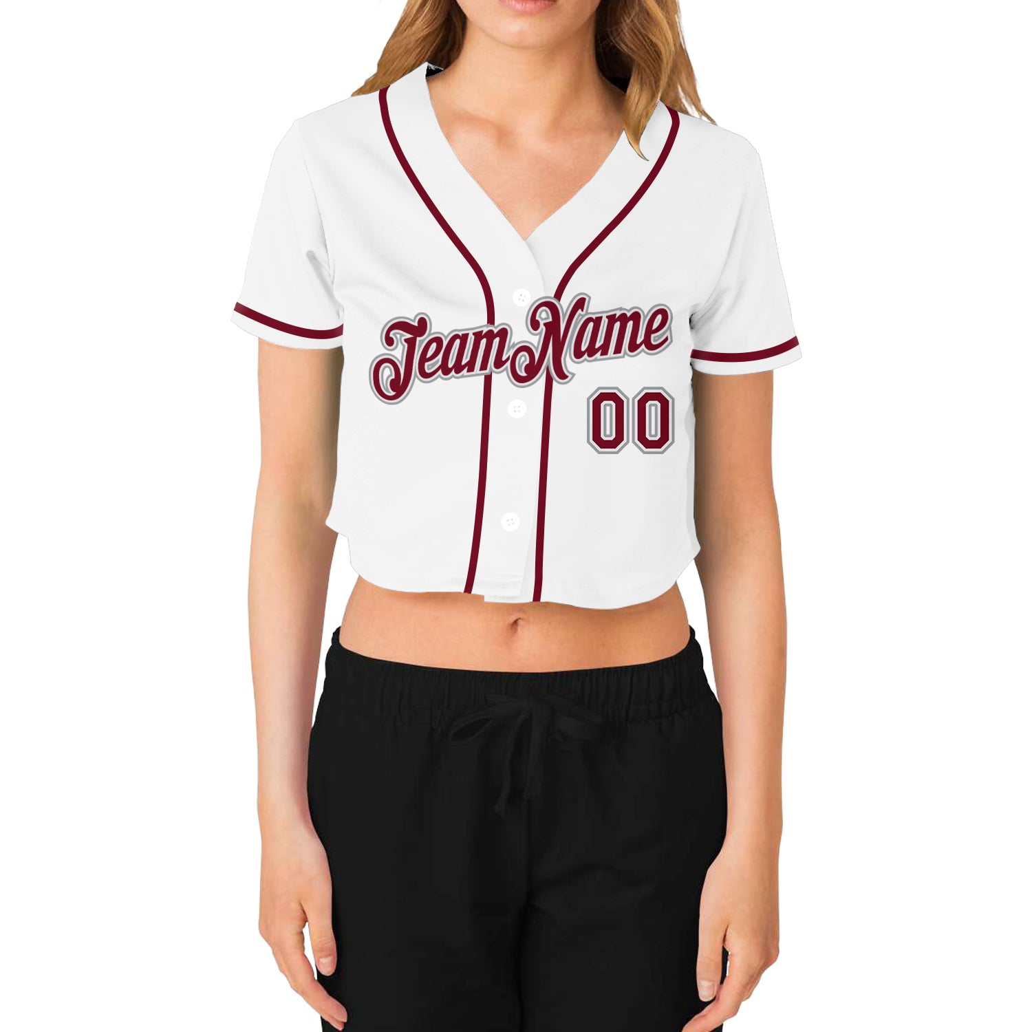 Cheap Custom Women's White Crimson-Gray V-Neck Cropped Baseball