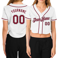 Charger l&#39;image dans la galerie, Custom Women&#39;s White Crimson-Gray V-Neck Cropped Baseball Jersey
