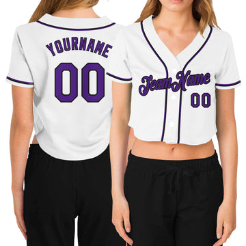 Custom Women's White Purple-Black V-Neck Cropped Baseball Jersey