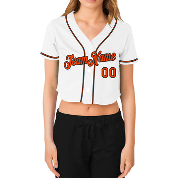 Custom Women's White Orange-Black V-Neck Cropped Baseball Jersey