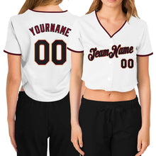 Загрузить изображение в средство просмотра галереи, Custom Women&#39;s White Black Crimson-Cream V-Neck Cropped Baseball Jersey
