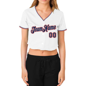 Custom Women's White Navy-Red V-Neck Cropped Baseball Jersey