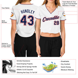 Custom Women's White Navy-Red V-Neck Cropped Baseball Jersey