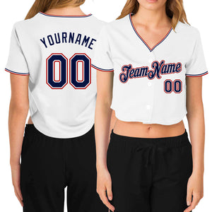 Custom Women's White Navy-Red V-Neck Cropped Baseball Jersey