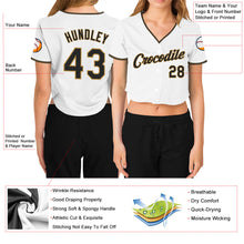 Загрузить изображение в средство просмотра галереи, Custom Women&#39;s White Black-Old Gold V-Neck Cropped Baseball Jersey
