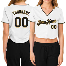 Загрузить изображение в средство просмотра галереи, Custom Women&#39;s White Black-Old Gold V-Neck Cropped Baseball Jersey
