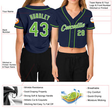 Загрузить изображение в средство просмотра галереи, Custom Women&#39;s Navy Neon Green-White V-Neck Cropped Baseball Jersey
