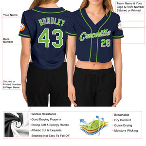 Custom Women's Navy Neon Green-White V-Neck Cropped Baseball Jersey