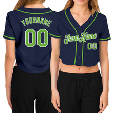 Загрузить изображение в средство просмотра галереи, Custom Women&#39;s Navy Neon Green-White V-Neck Cropped Baseball Jersey
