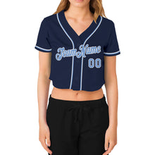 Загрузить изображение в средство просмотра галереи, Custom Women&#39;s Navy Light Blue-White V-Neck Cropped Baseball Jersey
