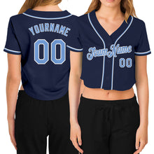 Загрузить изображение в средство просмотра галереи, Custom Women&#39;s Navy Light Blue-White V-Neck Cropped Baseball Jersey
