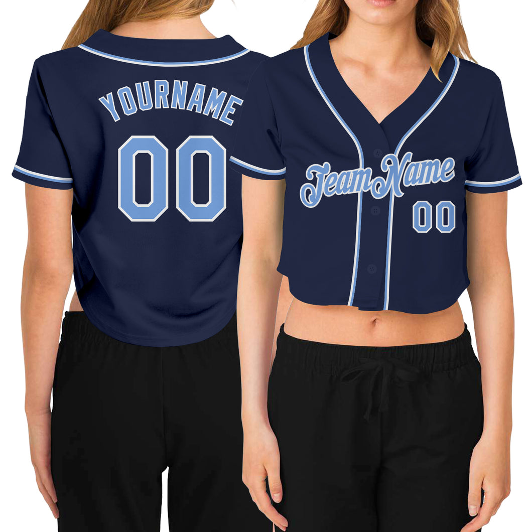 Custom Women's Navy Light Blue-White V-Neck Cropped Baseball Jersey