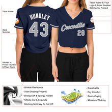 Загрузить изображение в средство просмотра галереи, Custom Women&#39;s Navy Gray-White V-Neck Cropped Baseball Jersey
