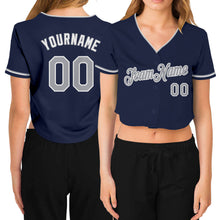 Загрузить изображение в средство просмотра галереи, Custom Women&#39;s Navy Gray-White V-Neck Cropped Baseball Jersey
