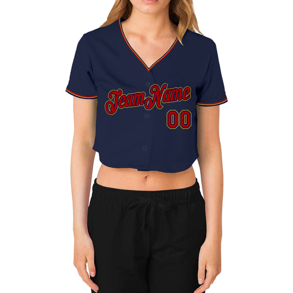 Cheap Custom Women's Navy Red-Old Gold V-Neck Cropped Baseball