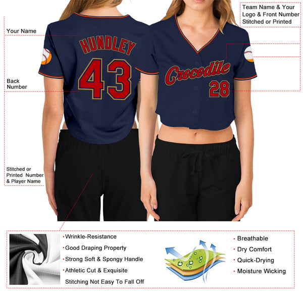 Cheap Custom Women's Navy Red-Old Gold V-Neck Cropped Baseball