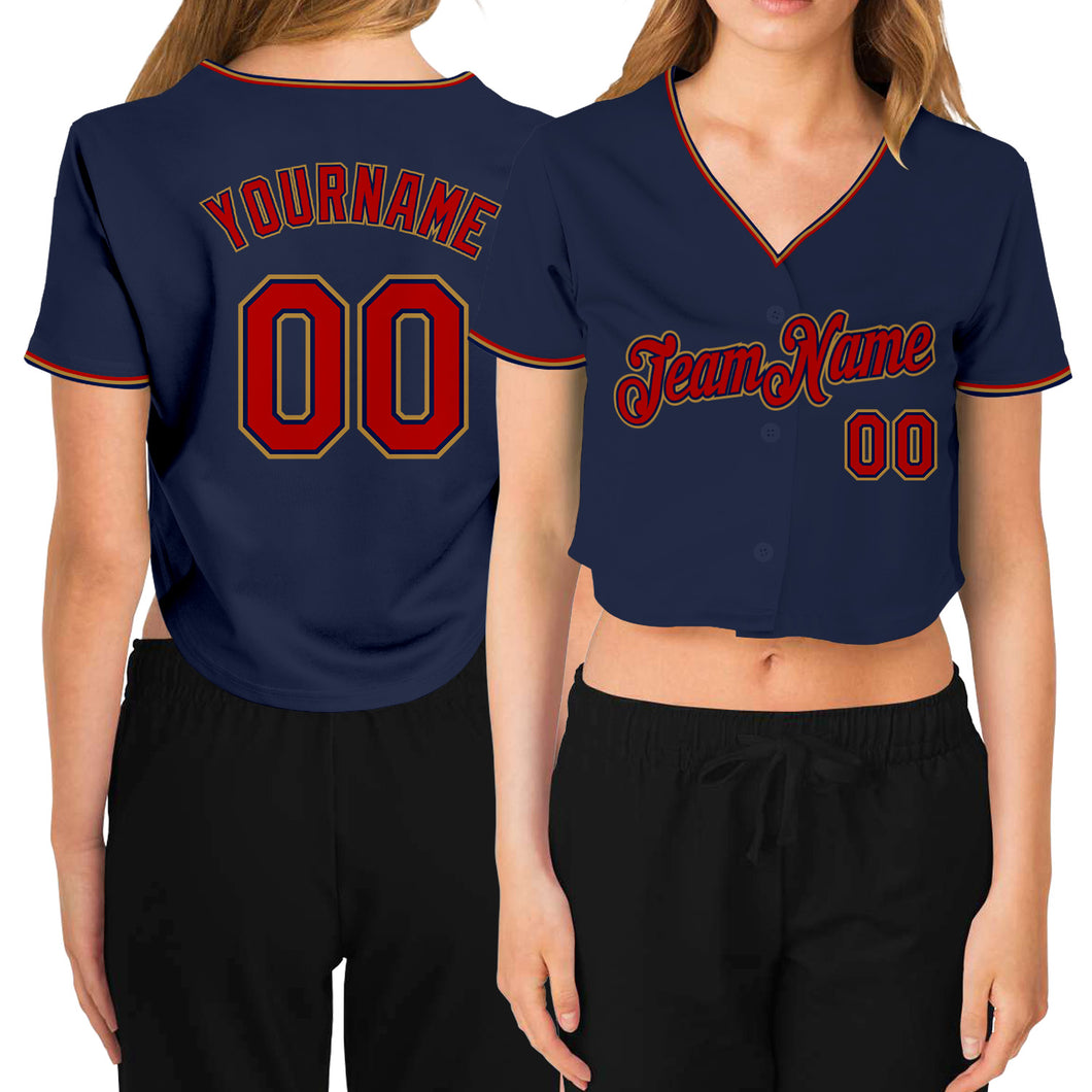 Cheap Custom Women's Navy Red-Old Gold V-Neck Cropped Baseball