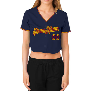 Custom Women's Navy Crimson-Gold V-Neck Cropped Baseball Jersey