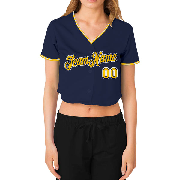 Cheap Custom Women's Navy Gold-White V-Neck Cropped Baseball