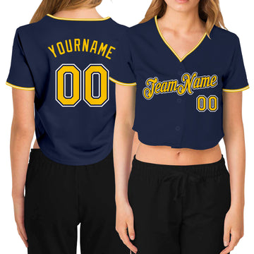 Custom Women's Navy Gold-White V-Neck Cropped Baseball Jersey